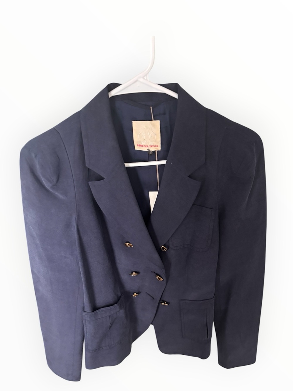 Rebecca Taylor Navy Silk Linen Blend Blazer with Gold Buttons, Sz 8
